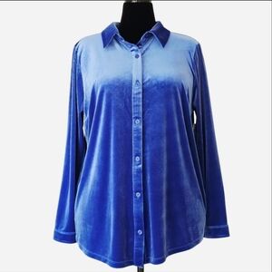 CHARTER CLUB Women's Size XL Blue Velour Long Sleeve‎ Button Down Shirt